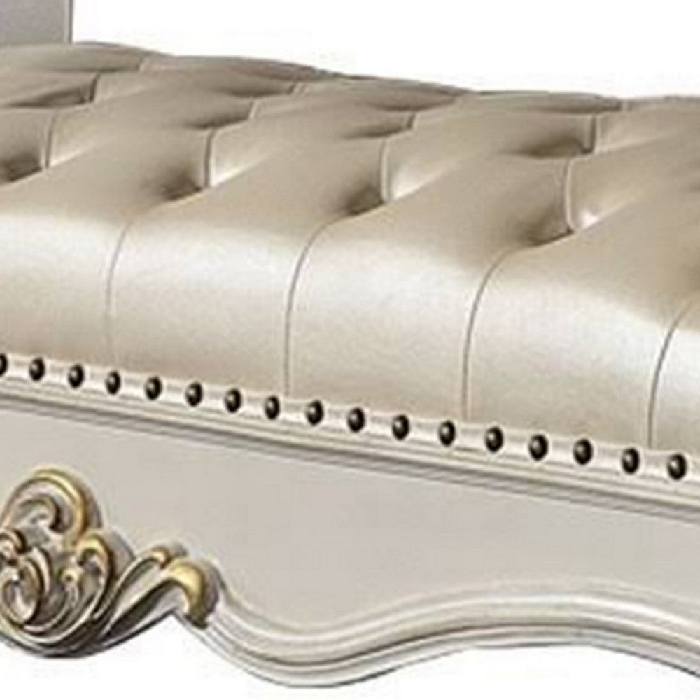 Jess 74 Inch Bench Traditional Scrolled Legs Vegan Faux Leather White By Casagear Home BM309427