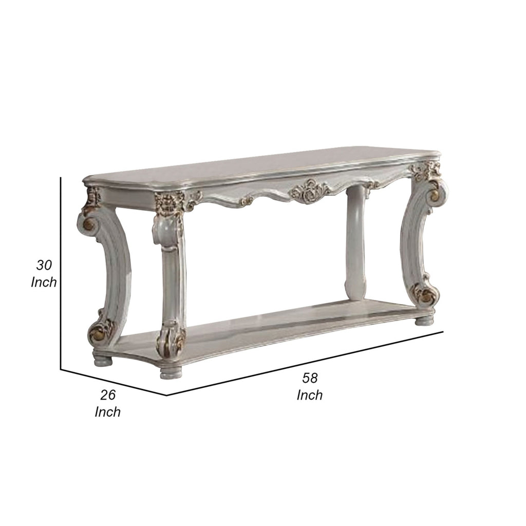 Jess 58 Inch Sofa Console Table Classic Scrolled Legs Brushed Gold Shelf By Casagear Home BM309430