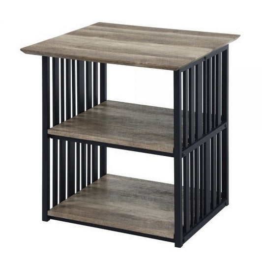 Nori 23 Inch Nightstand, 2 Shelves, Metal Base, MDF, Antique Oak and Black By Casagear Home