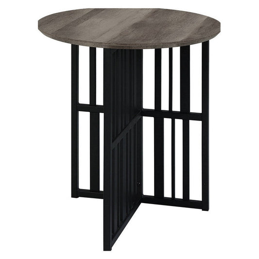 Nori 23 Inch End Table, Round Top, Metal Base, MDF, Antique Oak and Black By Casagear Home