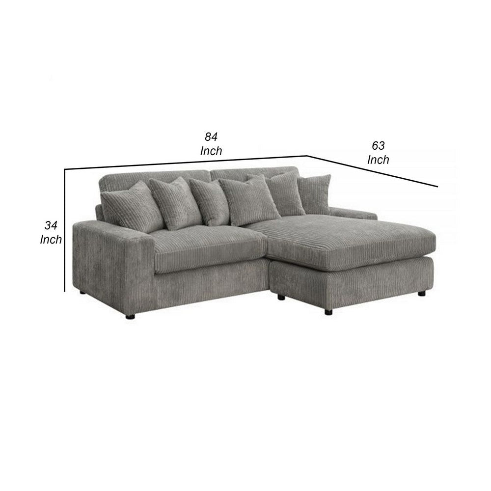 84 Inch Sectional Sofa 6 Pillows L Shape Corduroy Upholstery Gray By Casagear Home BM309454