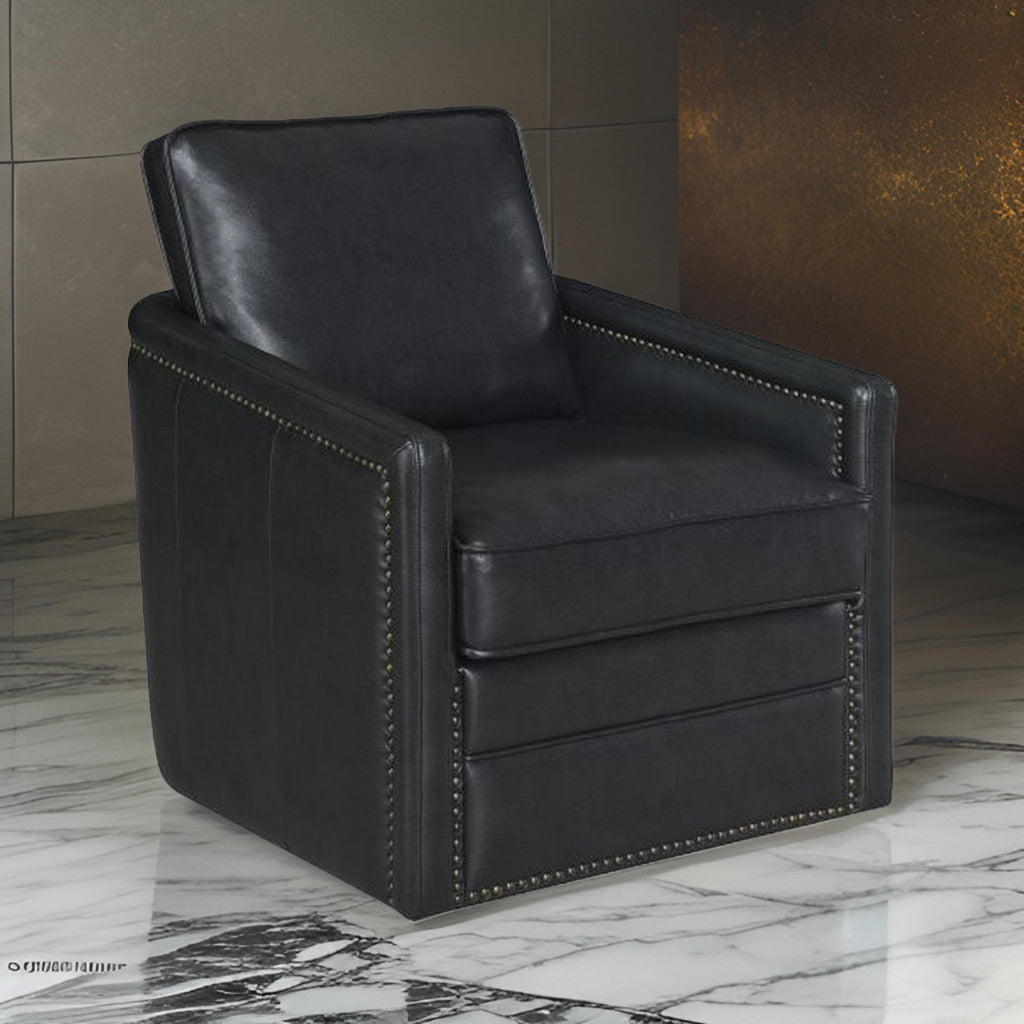 Roco 34 Inch Accent Chair with Swivel, Faux Leather Upholstery, Black  By Casagear Home