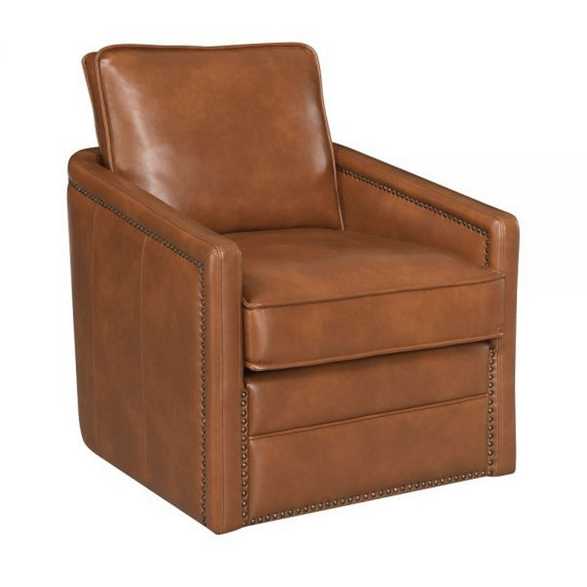 Roco 34 Inch Accent Chair with Swivel Faux Leather Upholstery Brown By Casagear Home BM309456