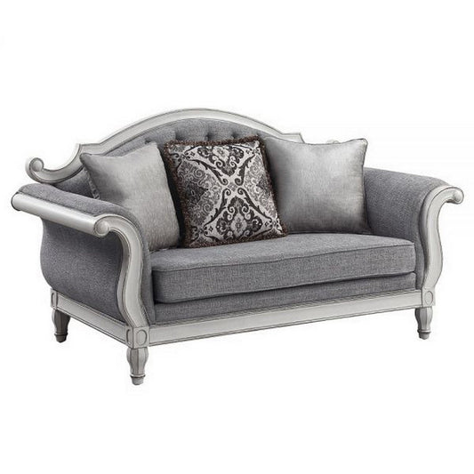 Fil 71 Inch Loveseat with 3 Pillows, Fabric Upholstery, Poplar Wood, Gray By Casagear Home