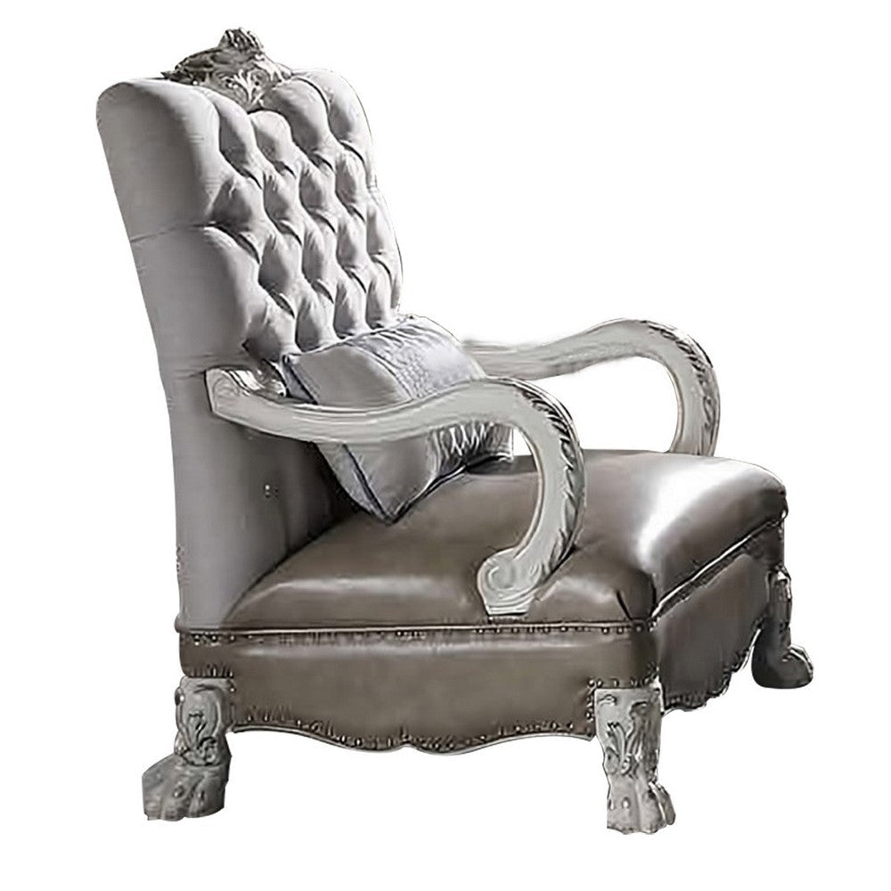 35 Inch Ornate Chair with Pillow, Carved Button Tufted Back, White Velvet By Casagear Home