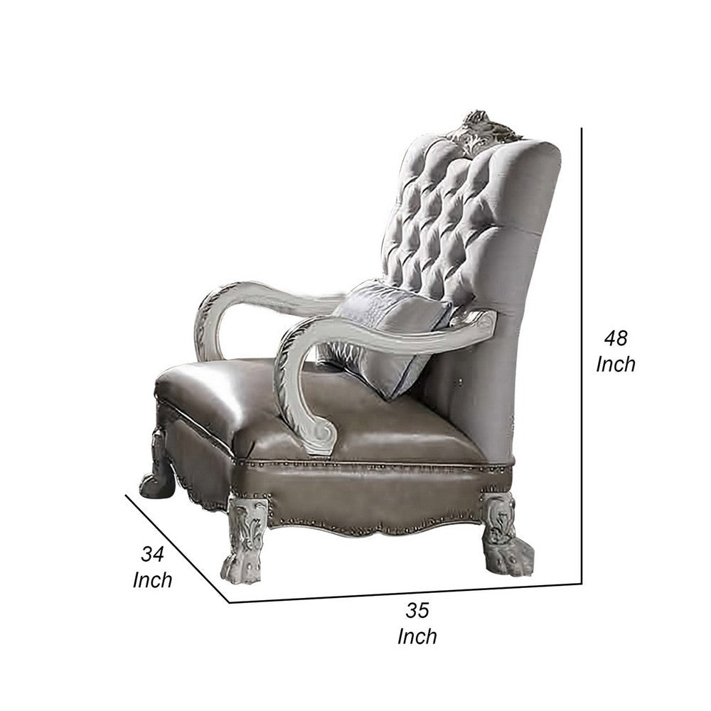 35 Inch Ornate Chair with Pillow Carved Button Tufted Back White Velvet By Casagear Home BM309474