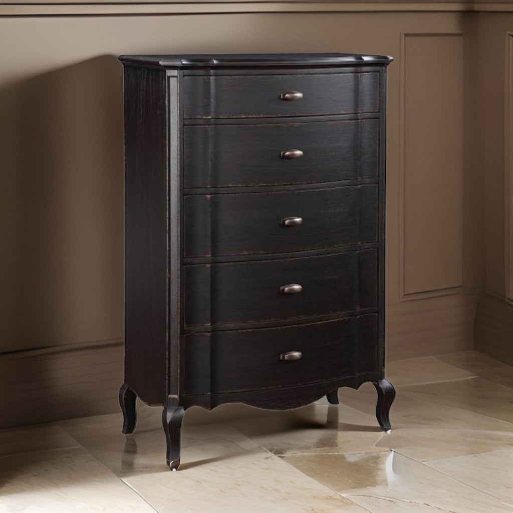 Cherry 38 Inch Tall Dresser Chest, 5 Drawer, Cabriole Legs Black Rubberwood By Casagear Home