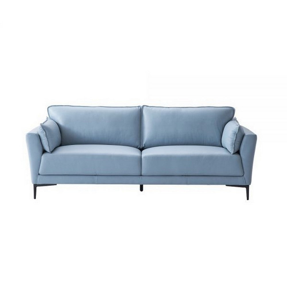 Miles 89 Inch Sofa with Padded Armrest Genuine Leather Light Blue Black By Casagear Home BM309479