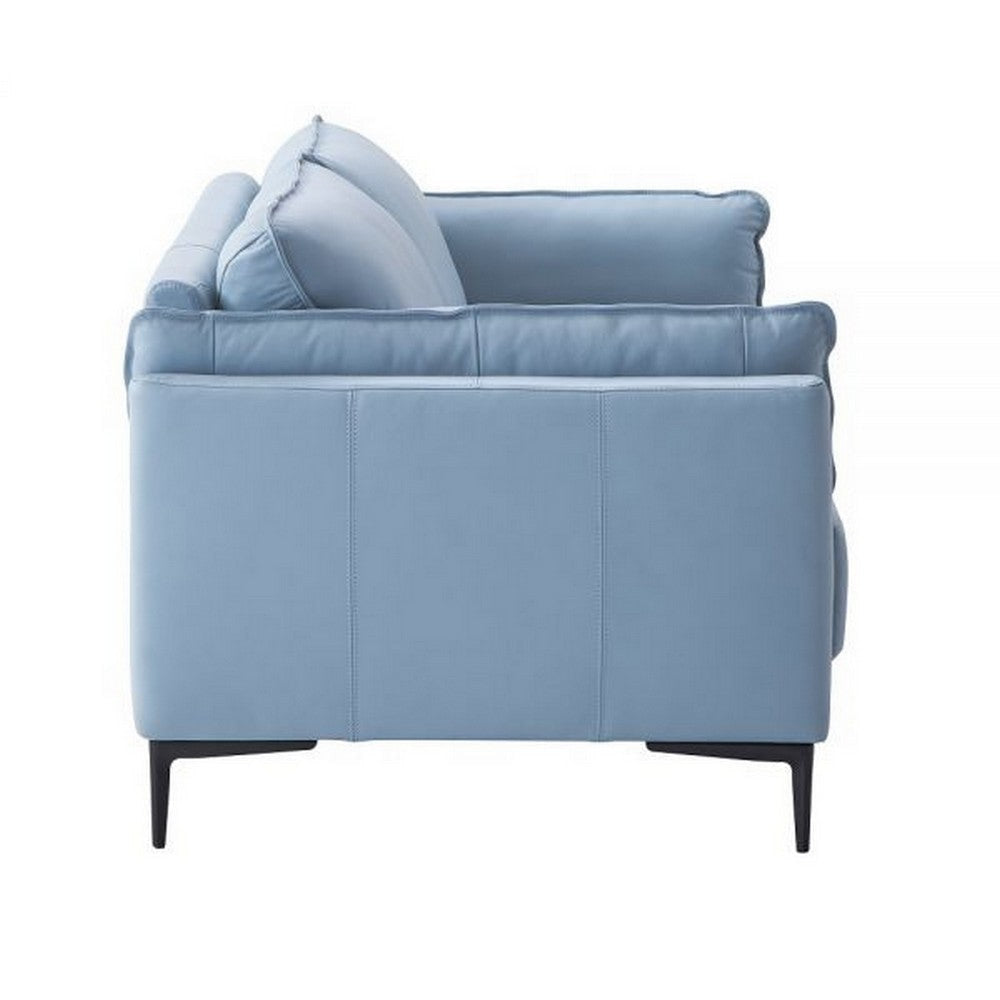 Miles 89 Inch Sofa with Padded Armrest Genuine Leather Light Blue Black By Casagear Home BM309479