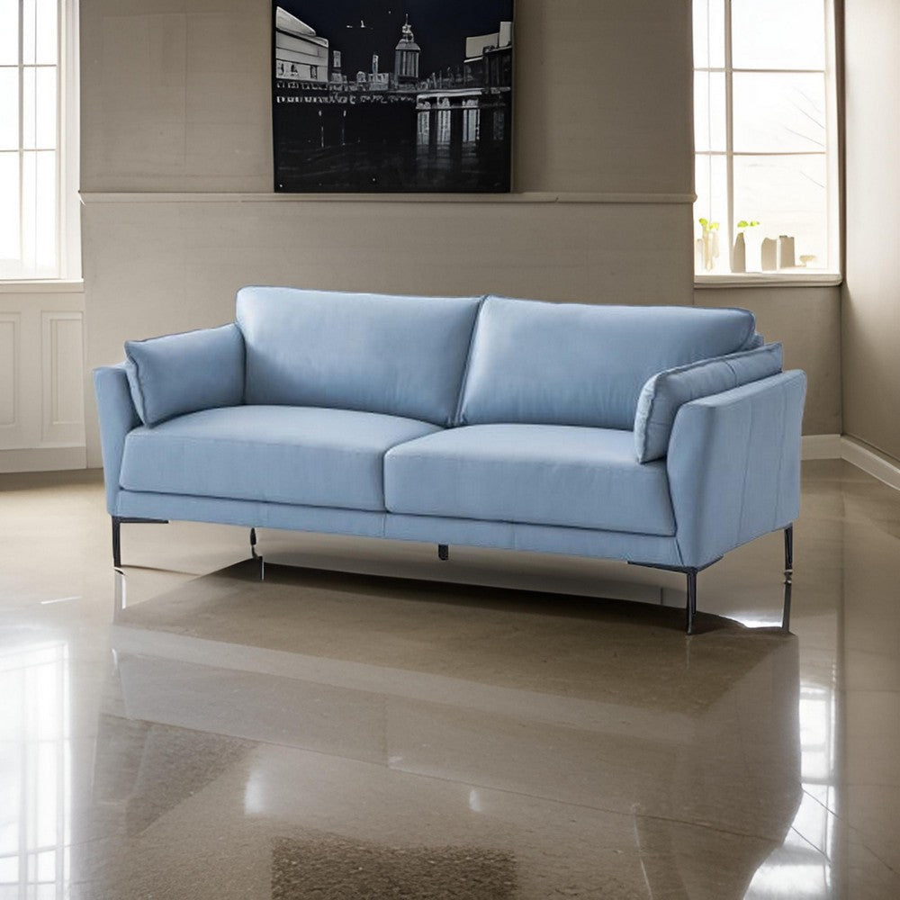 Miles 89 Inch Sofa with Padded Armrest Genuine Leather Light Blue Black By Casagear Home BM309479