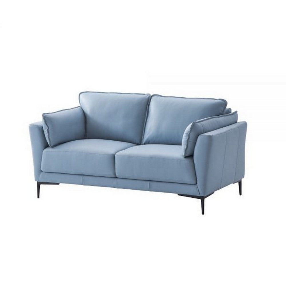 Miles 68 Inch Loveseat with Padded Armrest, Genuine Leather, Blue and Black By Casagear Home