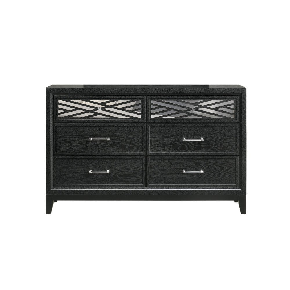 Kira 58 Inch Wide Dresser English Dovetail 6 Drawer Rubberwood Black By Casagear Home BM309483