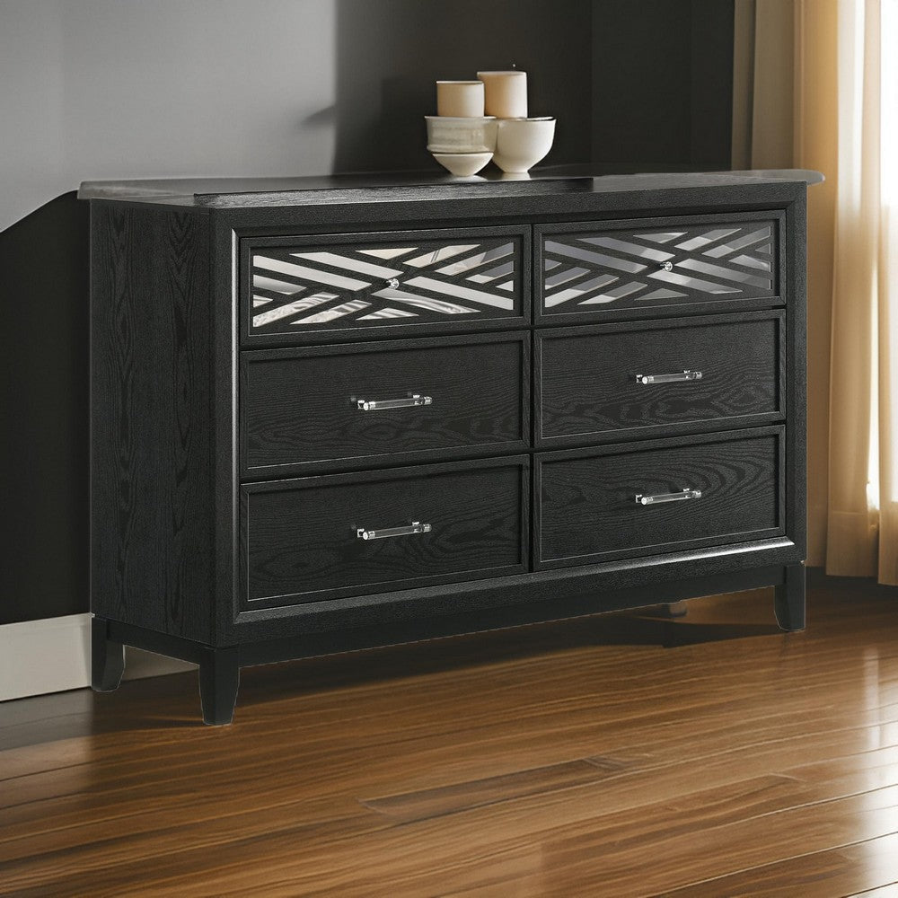 Kira 58 Inch Wide Dresser English Dovetail 6 Drawer Rubberwood Black By Casagear Home BM309483