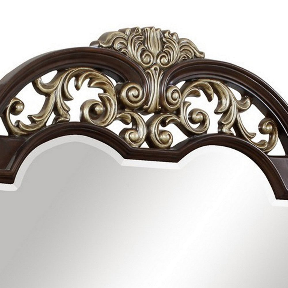 Liana 54 Inch Dresser Mirror Crown Carvings Wood Gold Tone Scrolling By Casagear Home BM309488