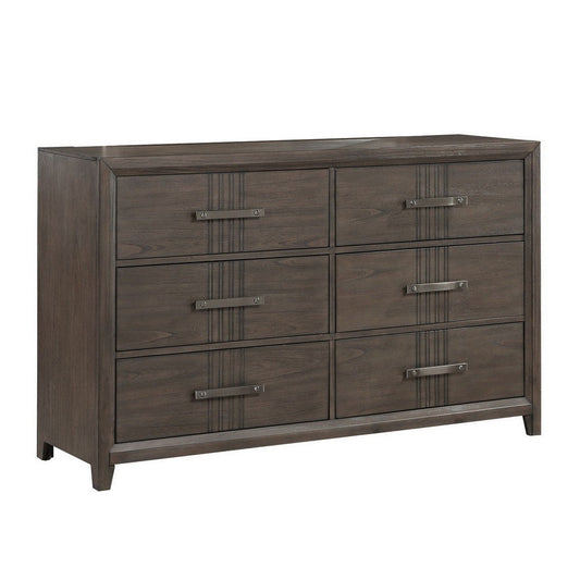 Wali 62 Inch Dresser, 6 Drawer, Black Handles, Modern Walnut Brown Finish By Casagear Home