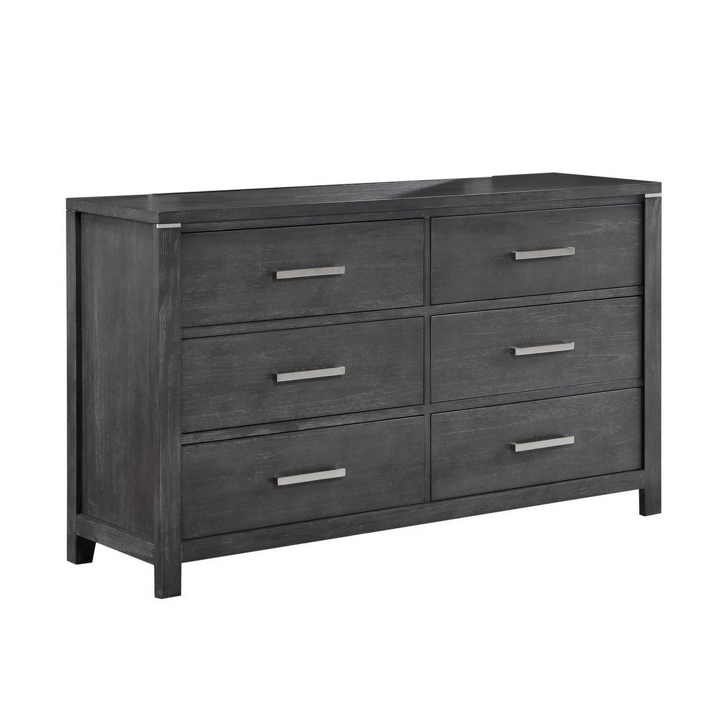 Tal 62 Inch Dresser, 6 Drawers with Chrome Handles, Charcoal Gray Finish By Casagear Home