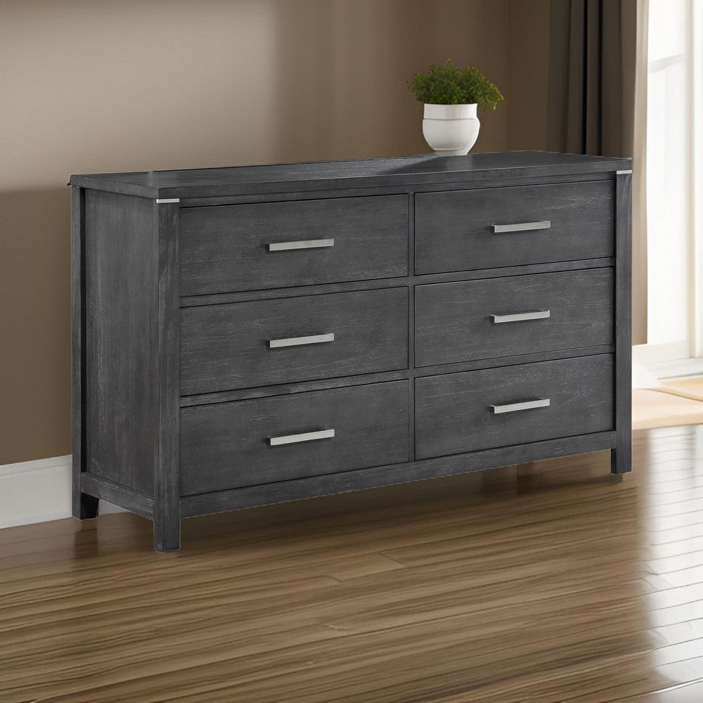 Tal 62 Inch Dresser 6 Drawers with Chrome Handles Charcoal Gray Finish By Casagear Home BM309500