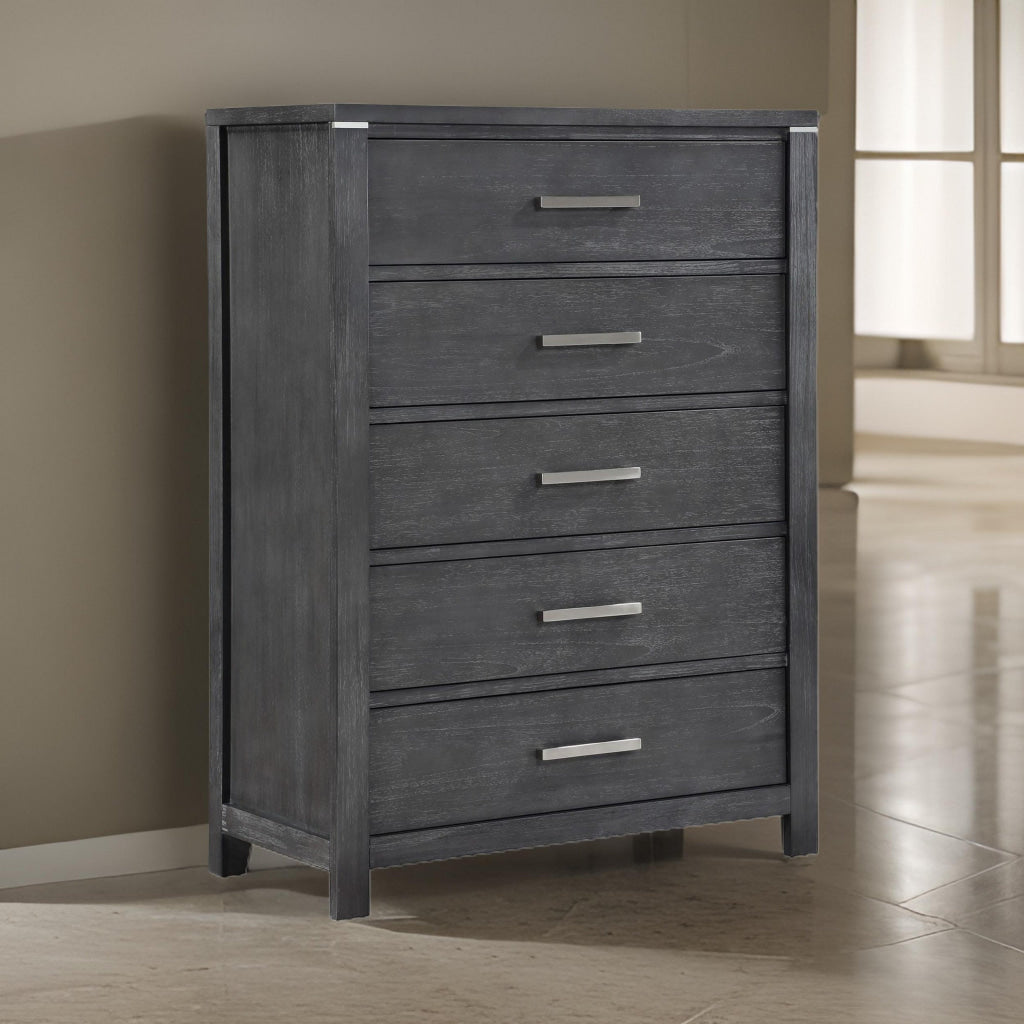 Tal 52 Inch Tall Dresser Chest, 5 Drawers, Chrome Handles, Charcoal Gray By Casagear Home