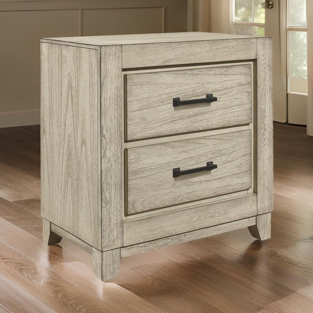 Alo 27 Inch Nightstand, 2 Drawers with Metal Handles, Rustic White Finish By Casagear Home