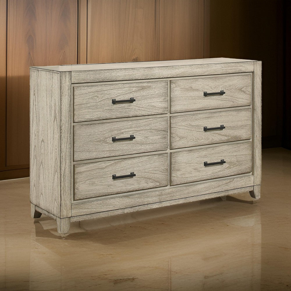 Alo 61 Inch Dresser 6 Drawers with Metal Handles Rustic White Finish By Casagear Home BM309505