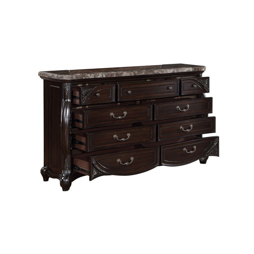 Faya 68 Inch Wide Dresser 9 Drawers Marble Top Carved Walnut Brown Wood By Casagear Home BM309507