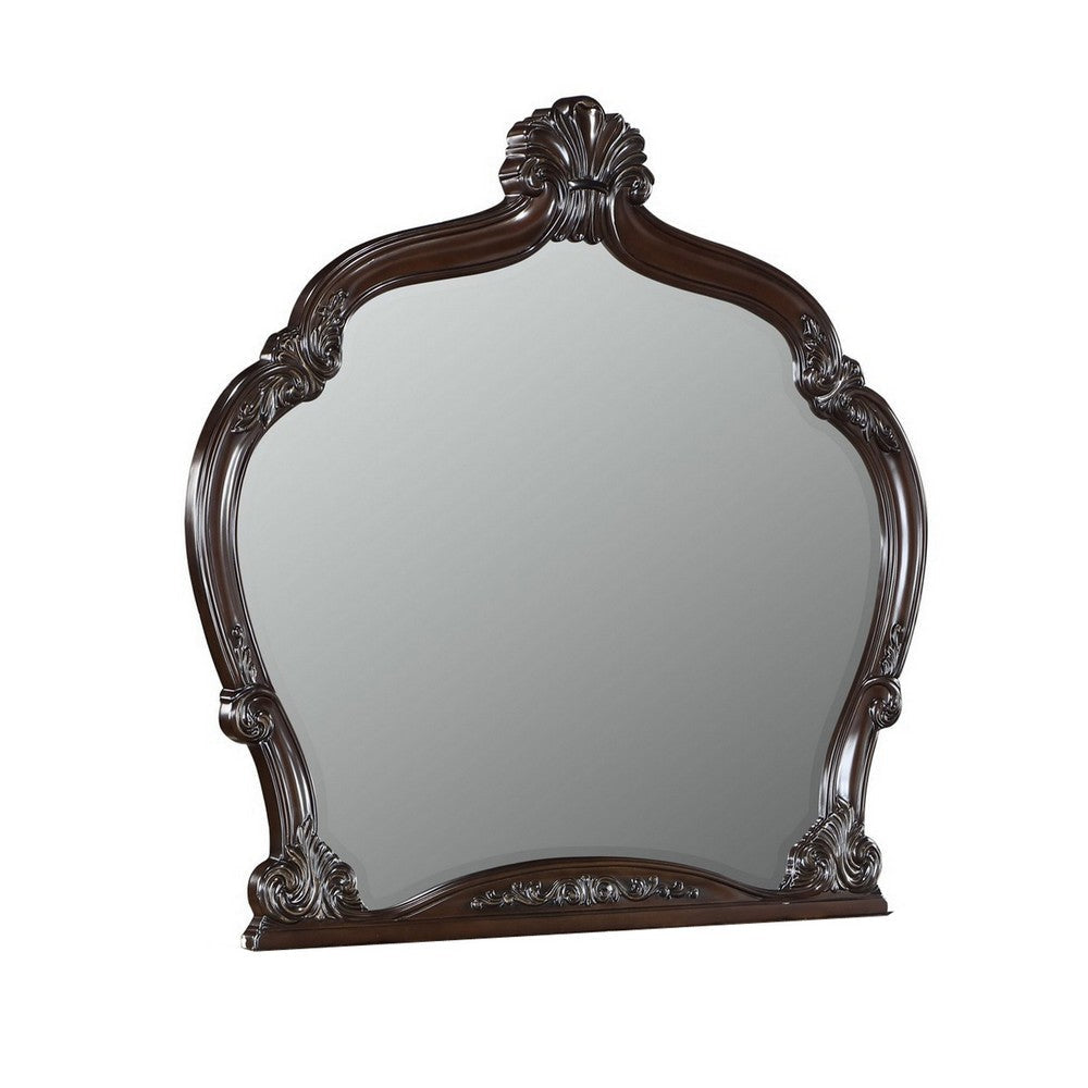 Faya 47 x 50 Dresser Mirror, Traditional, Floral Carved Walnut Brown Wood By Casagear Home