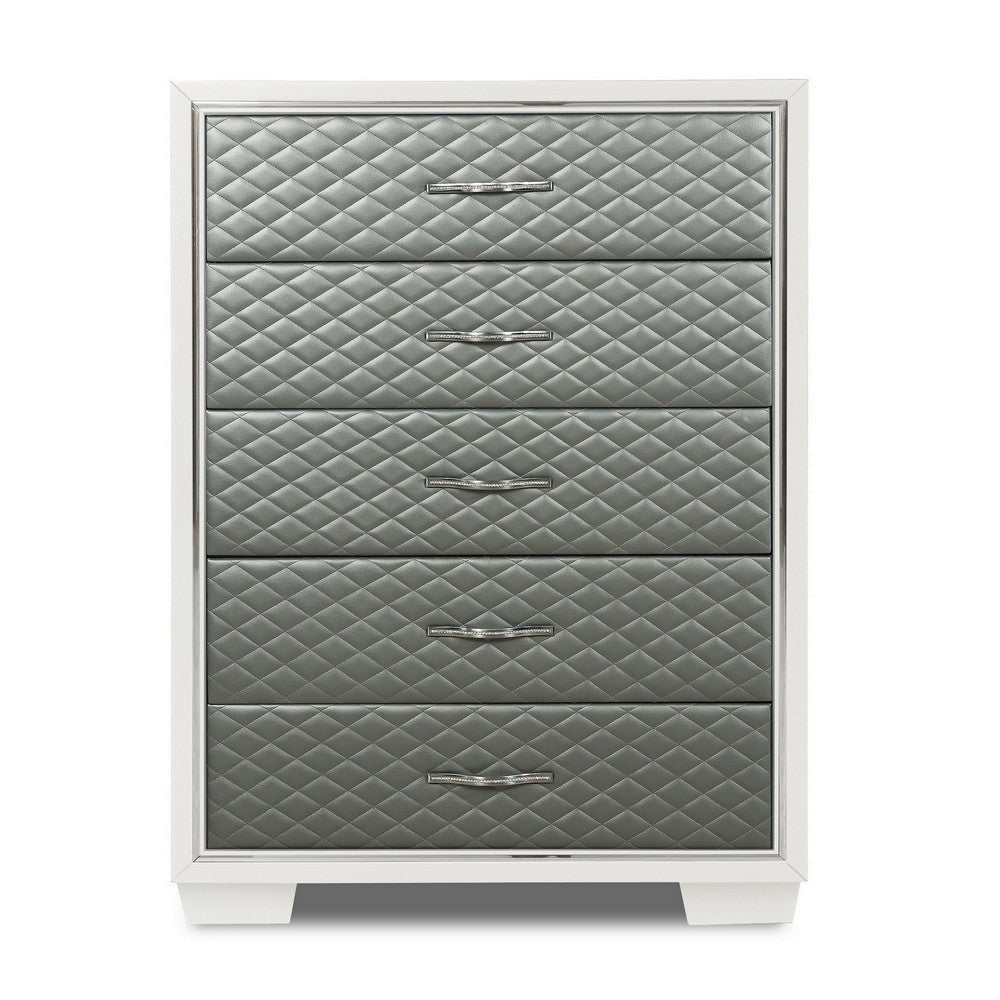 Inna 54 Inch Tall Dresser Chest 5 Drawers Silver Upholstery on White Wood By Casagear Home BM309509