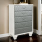 Inna 54 Inch Tall Dresser Chest, 5 Drawers, Silver Upholstery on White Wood By Casagear Home