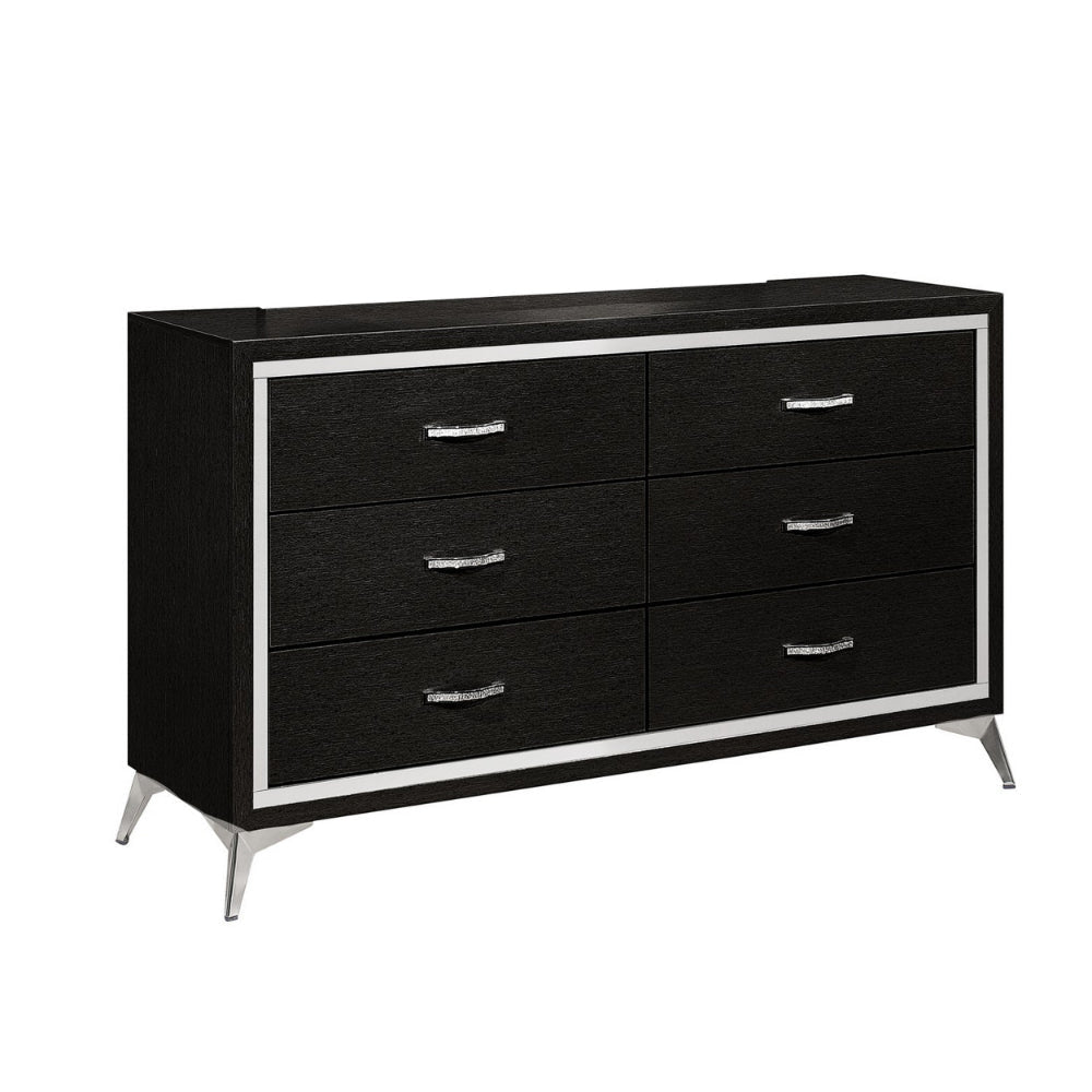 Sami 58 Inch Wide Dresser, 6 Drawers, Mirror Trim, Embossed Texture, Black By Casagear Home