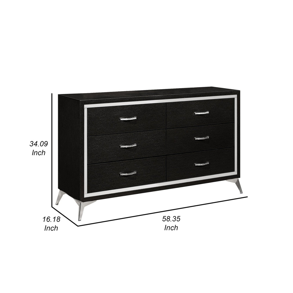 Sami 58 Inch Wide Dresser 6 Drawers Mirror Trim Embossed Texture Black By Casagear Home BM309511