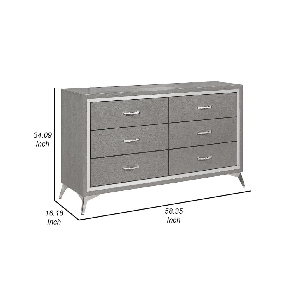 Sami 58 Inch Wide Dresser 6 Drawers Mirror Trim Embossed Texture Gray By Casagear Home BM309512