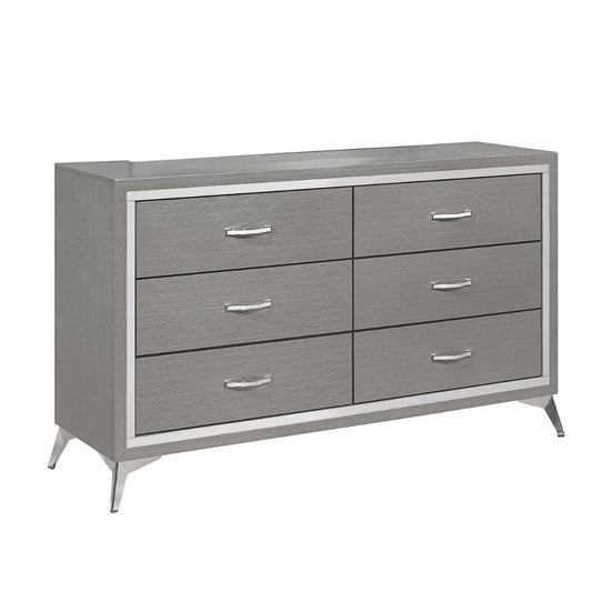 Sami 58 Inch Wide Dresser, 6 Drawers, Mirror Trim, Embossed Texture, Gray By Casagear Home