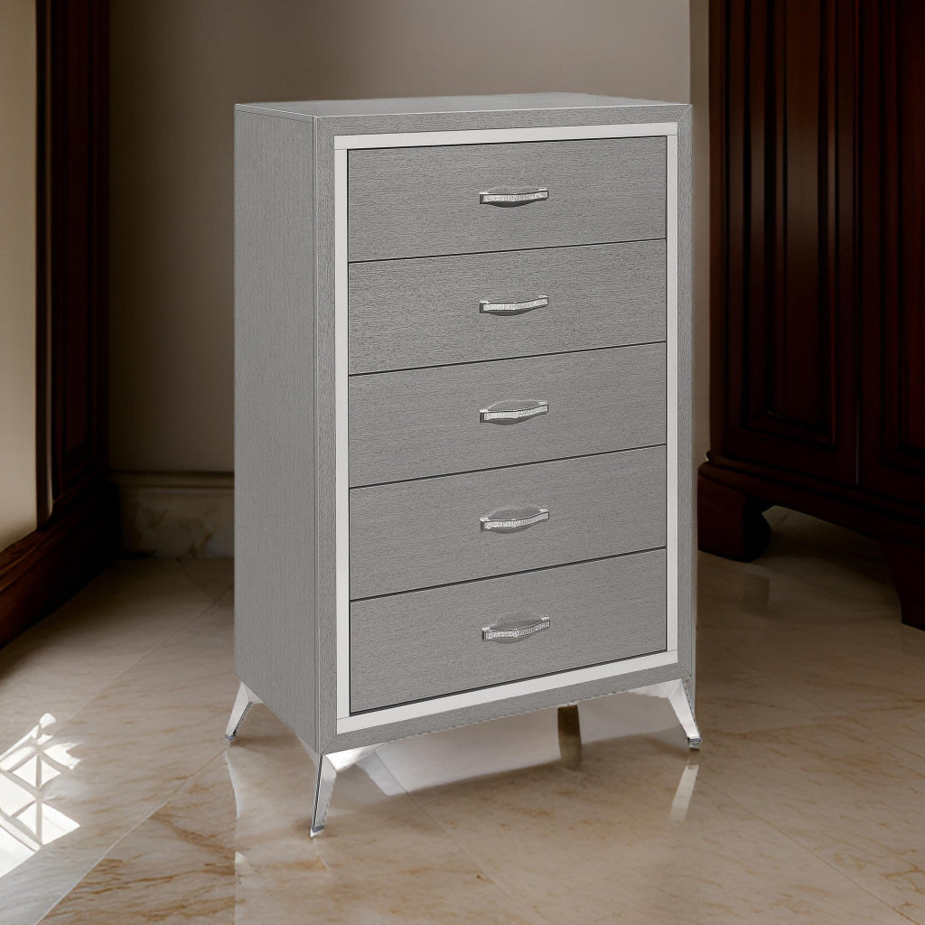 Sami 49 Inch Tall Dresser, 5 Drawers, Mirror Trim, Embossed Texture, Gray By Casagear Home