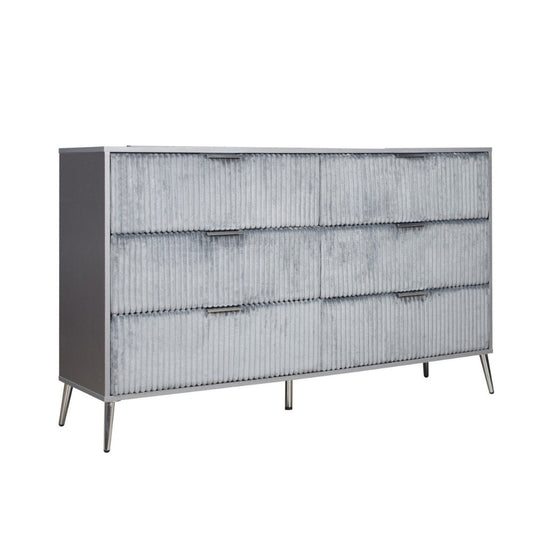 Moko 58 Inch Wide Dresser, 6 Soft Upholstered Drawers, Gray, Nickel By Casagear Home