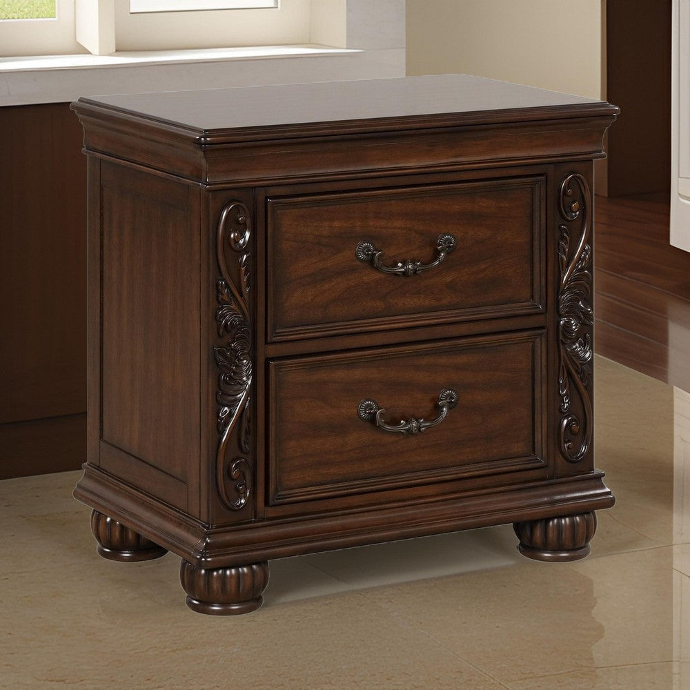 Akil 27 Inch Nightstand, 2 Drawers, Floral Carved Classic Cherry Brown Wood By Casagear Home