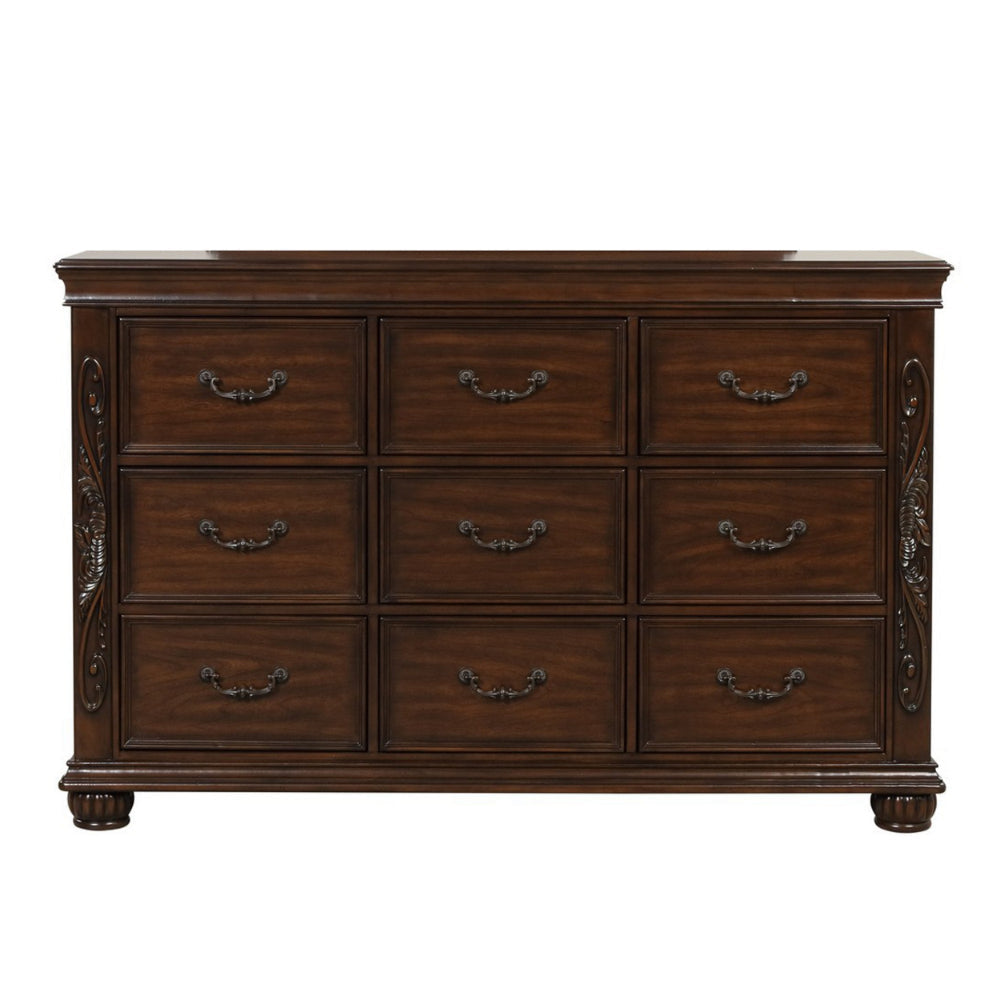 Akil 64 Inch Wide Dresser with 9 Drawers Floral Carved Cherry Brown Wood By Casagear Home BM309534