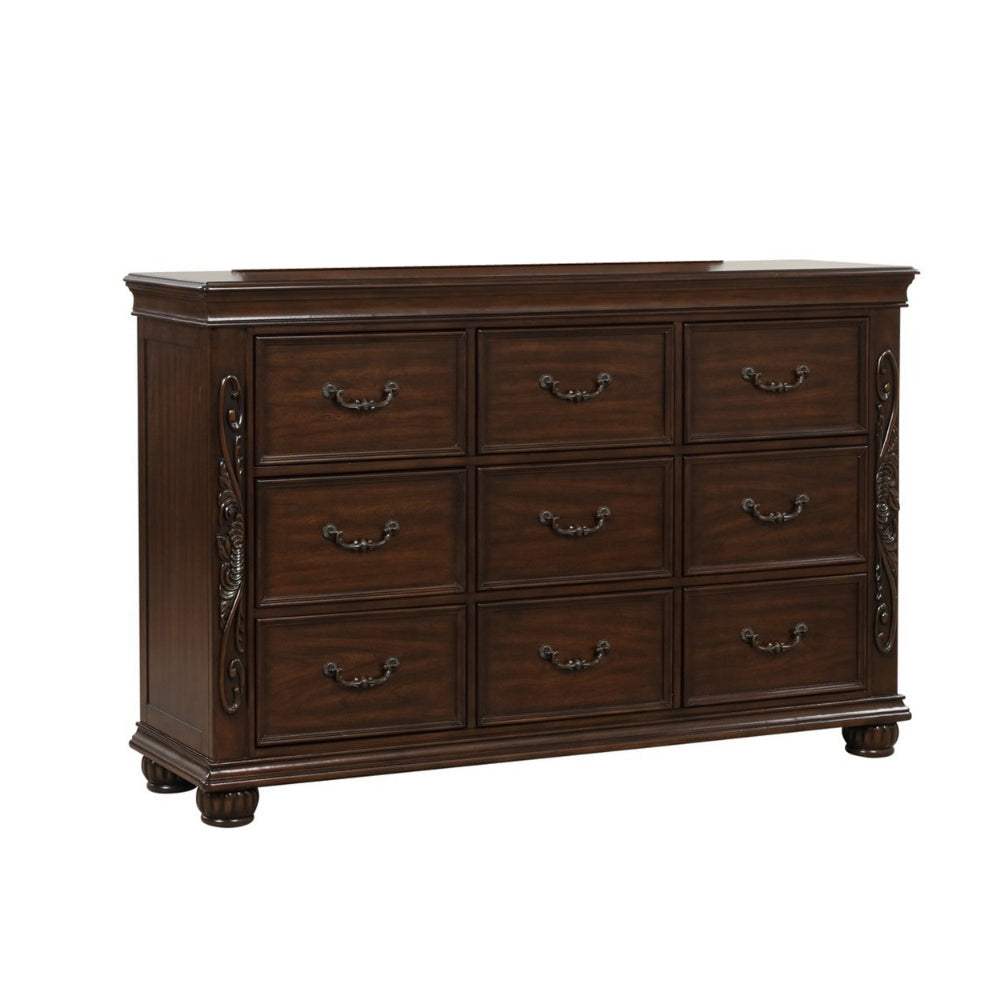 Akil 64 Inch Wide Dresser with 9 Drawers, Floral Carved Cherry Brown Wood By Casagear Home