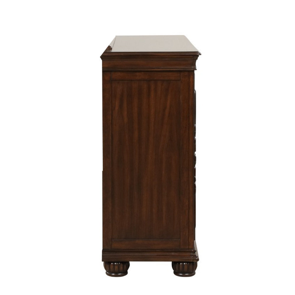 Akil 64 Inch Wide Dresser with 9 Drawers Floral Carved Cherry Brown Wood By Casagear Home BM309534