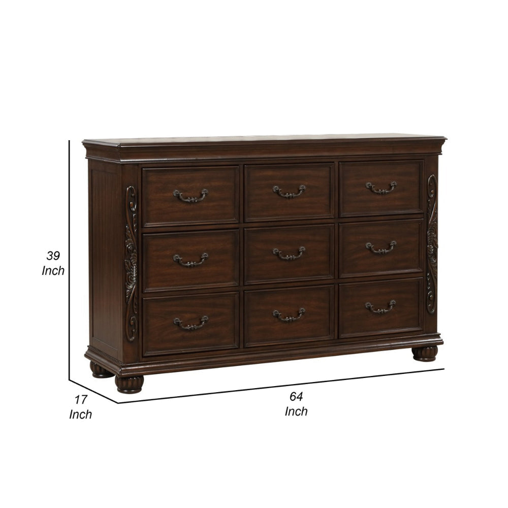 Akil 64 Inch Wide Dresser with 9 Drawers Floral Carved Cherry Brown Wood By Casagear Home BM309534