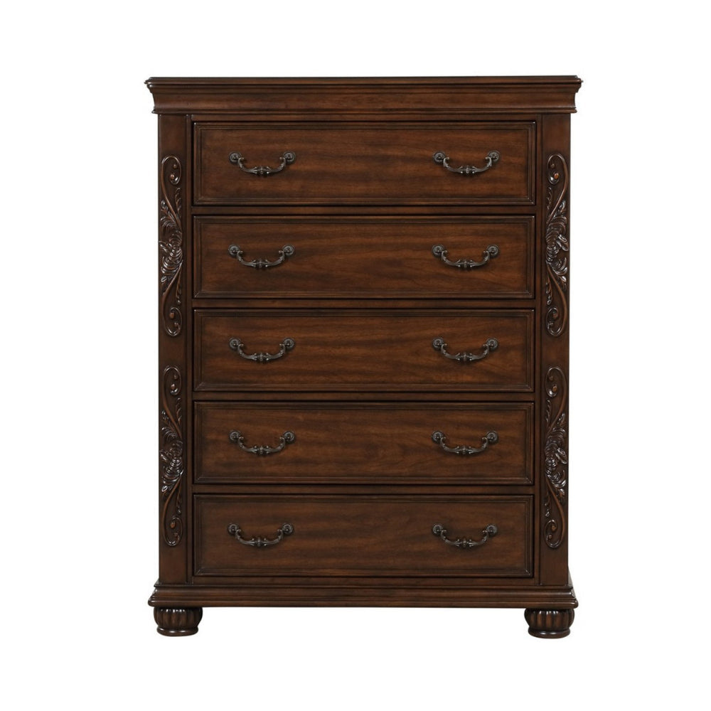 Akil 54 Inch Tall Dresser with 5 Drawers Floral Carved Cherry Brown Wood By Casagear Home BM309535