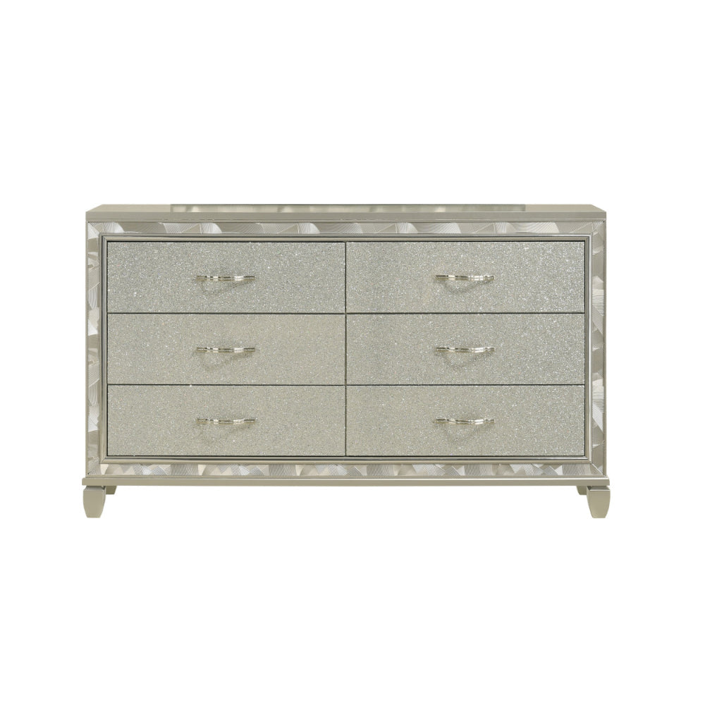 Bet 65 Inch Dresser 6 Rhinestone Inlaid Drawers Chrome Handles Silver By Casagear Home BM309538