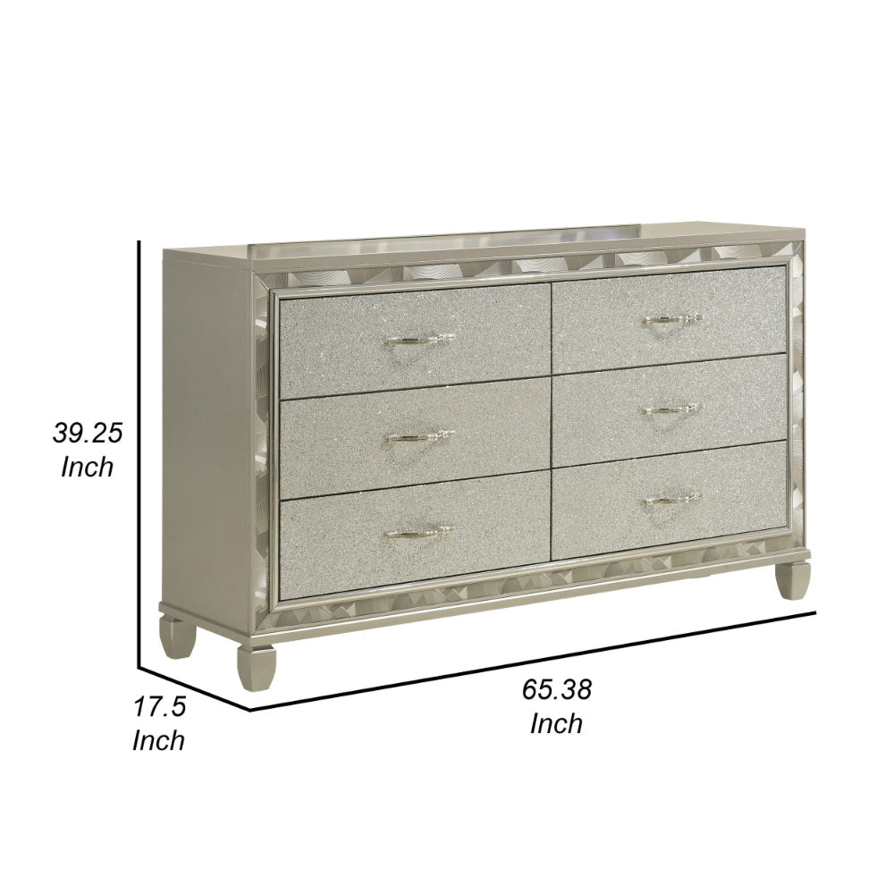 Bet 65 Inch Dresser 6 Rhinestone Inlaid Drawers Chrome Handles Silver By Casagear Home BM309538