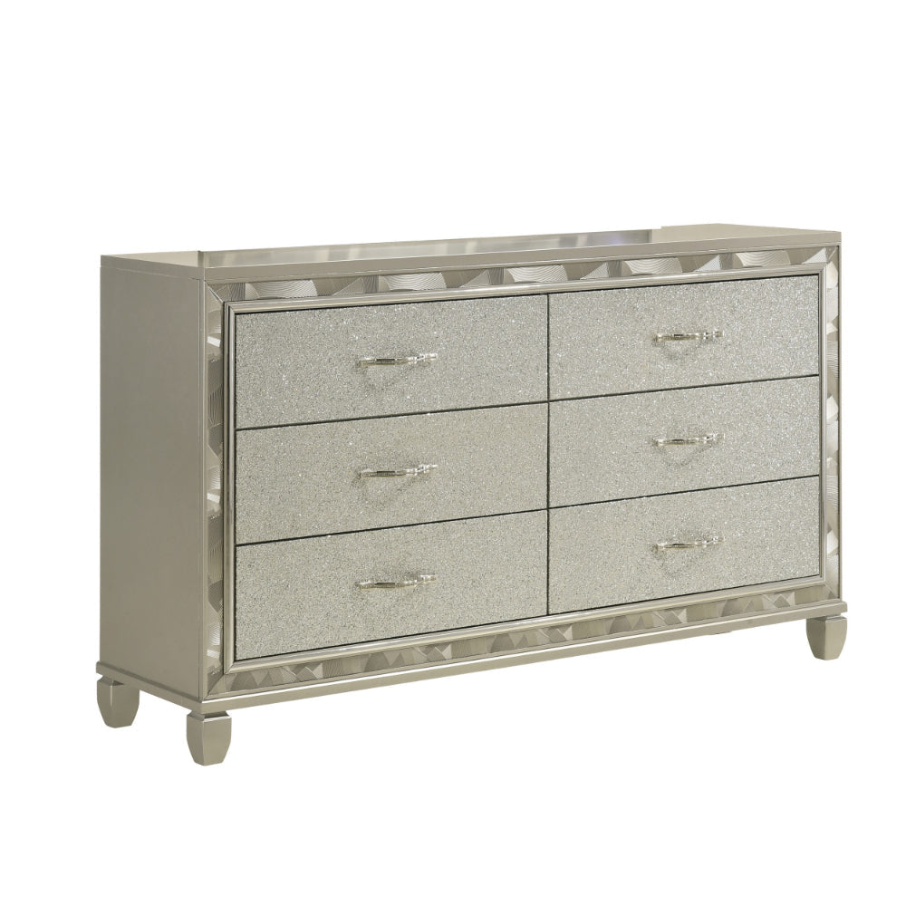 Bet 65 Inch Dresser, 6 Rhinestone Inlaid Drawers, Chrome Handles, Silver By Casagear Home