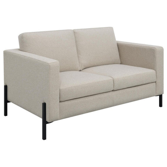 Zoya 58 Inch Loveseat, Track Arms, Oatmeal Beige Fabric, Herringbone Design By Casagear Home