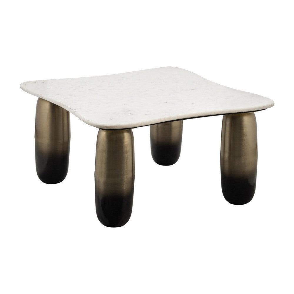 30 Inch Coffee Table Square White Marble Top Cylindrical Gold Metal Base By Casagear Home BM309616