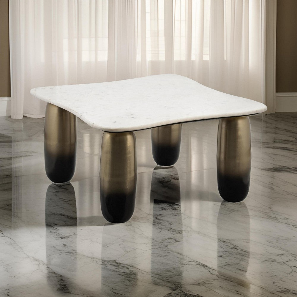 30 Inch Coffee Table Square White Marble Top Cylindrical Gold Metal Base By Casagear Home BM309616