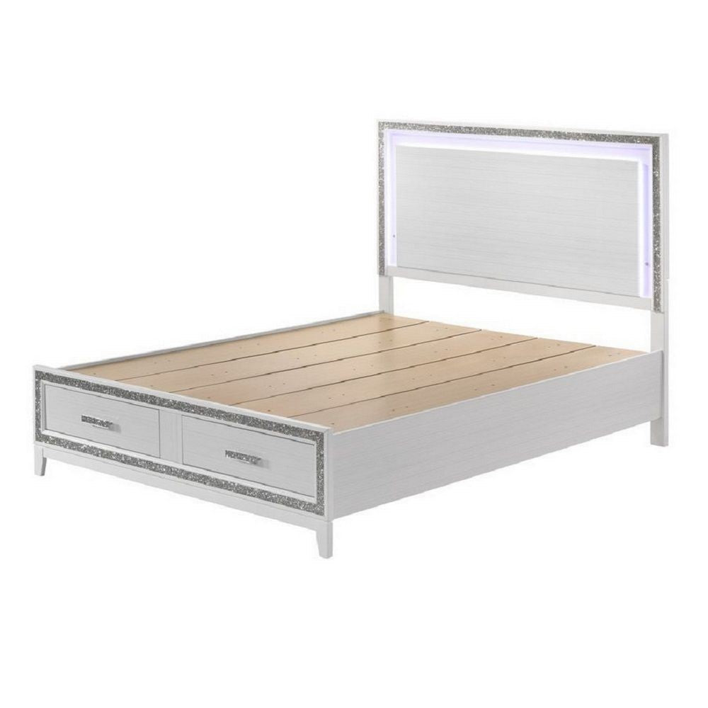 Full Size Bed Panel Headboard 2 Storage Drawers White with Acrylic Inlay By Casagear Home BM309641