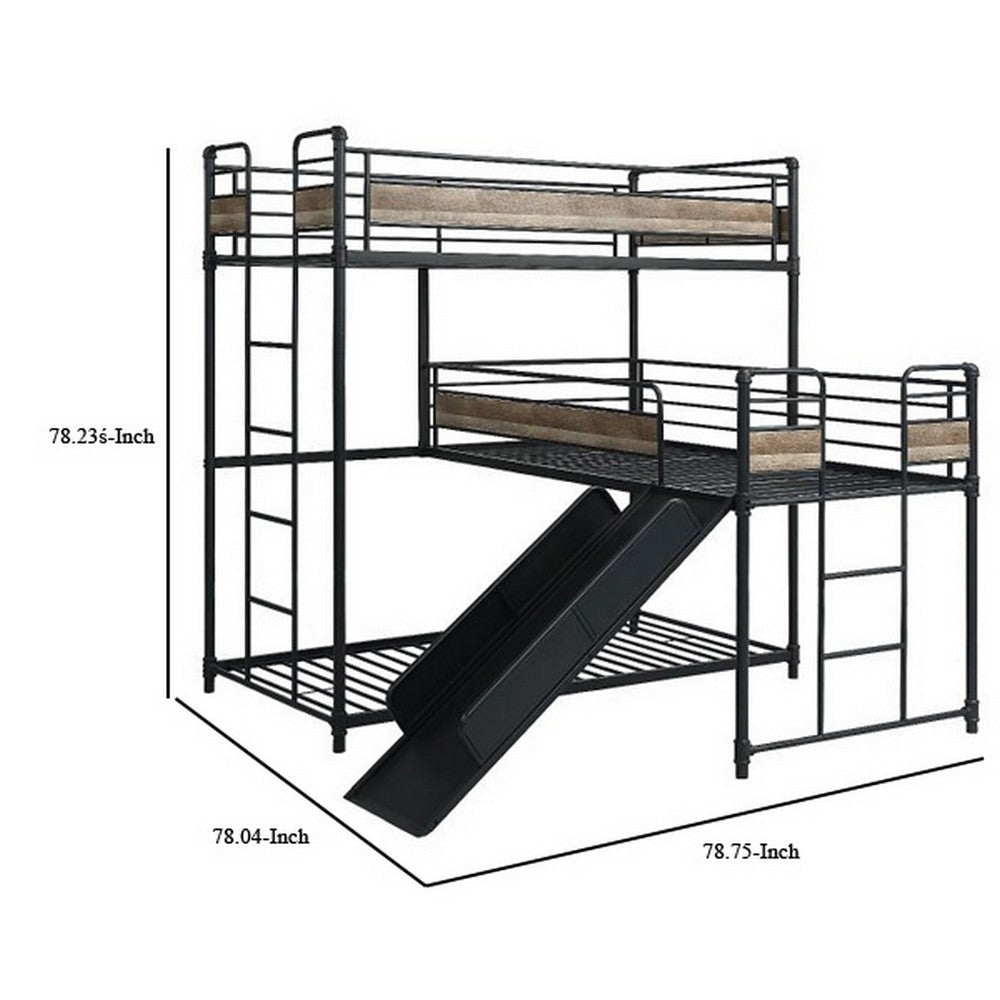 Triple Twin Bunk Bed with Slide MDF Antique Oak and Smooth Gray Finish By Casagear Home BM309644