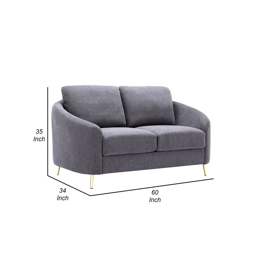 Nial 60 Inch Loveseat Linen Upholstery Pine Wood Smooth Gray Gold Legs By Casagear Home BM309646