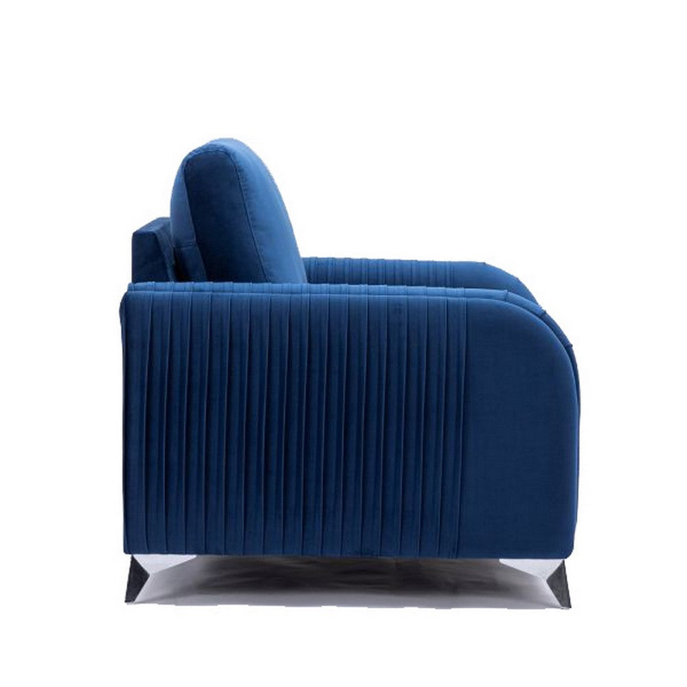 Wiena 79 Inch Sofa Velvet Upholstery Solid Pine Wood Blue and Chrome By Casagear Home BM309648